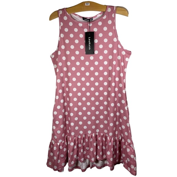 Ladies' LouKeith Pink Polka Dot Ruffle Tank Dress - Picture 1 of 5